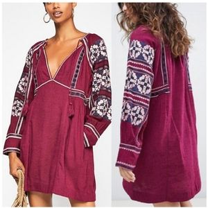 Free People All My Life Long Sleeve Embroidered Mini Dress Oversized